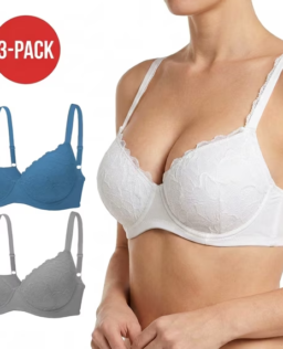 Women's 3-Pack Lace-Overlay Push-Up T-Shirt Bra, Dual U-Wire Support with Soft Gore, 4-Row 3-Column Back Closure