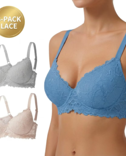Women's 3-Pack All-Over Lace Push-Up Bra Set, Underwire Lace Bralette with Full Coverage, Sexy Comfortable Everyday Lingerie