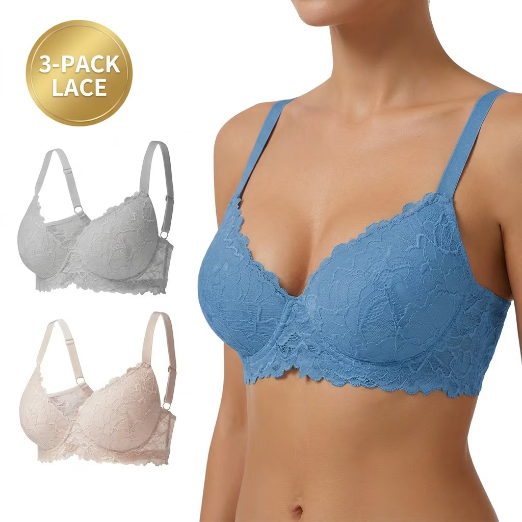 Women's 3-Pack All-Over Lace Push-Up Bra Set, Underwire Lace Bralette with Full Coverage, Sexy Comfortable Everyday Lingerie