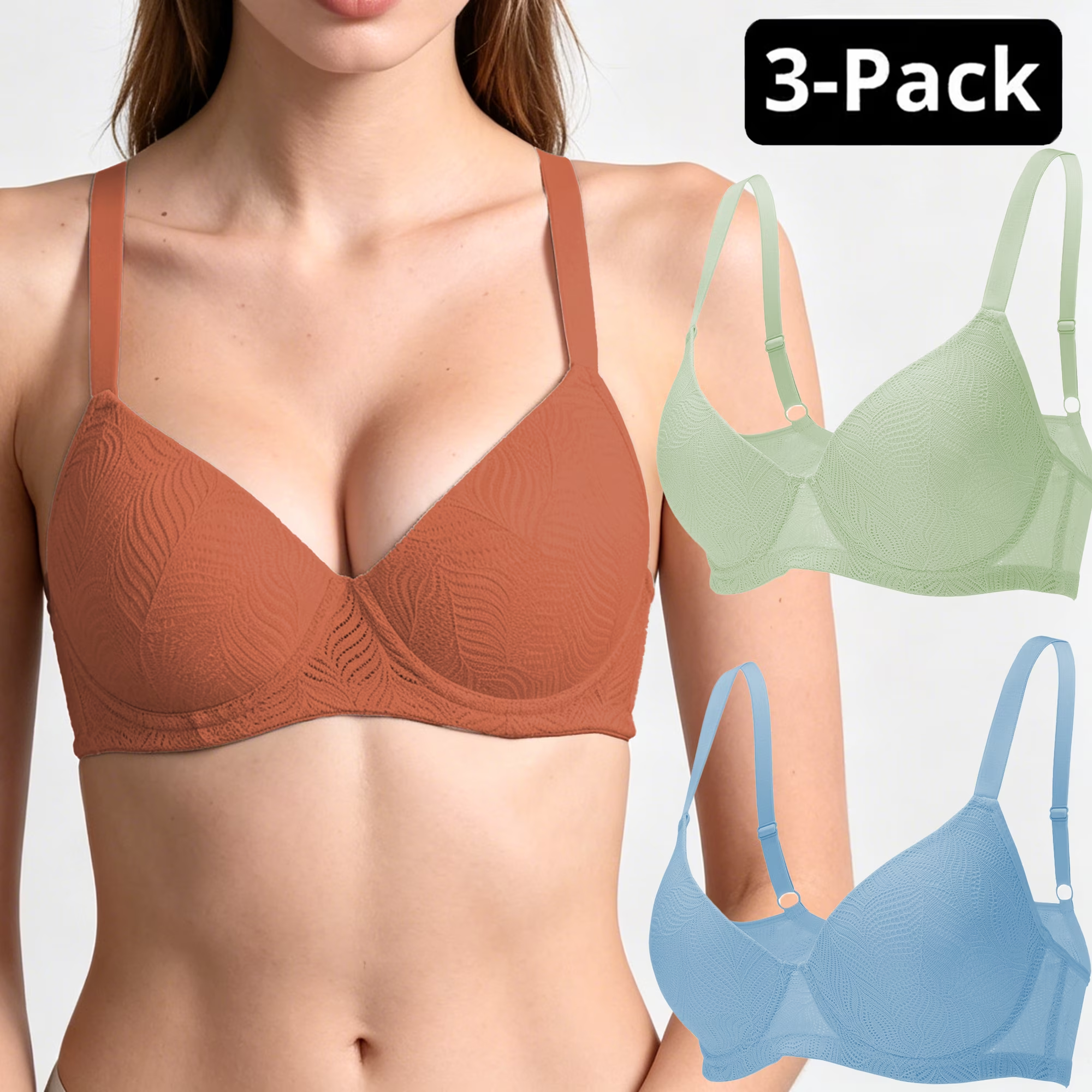 Women's 3-Pack Underwire Push Up Bra Set with Independent Dual U-Wire Support, Lace Bralette, Blue Sage Green Coral, 32B-40C