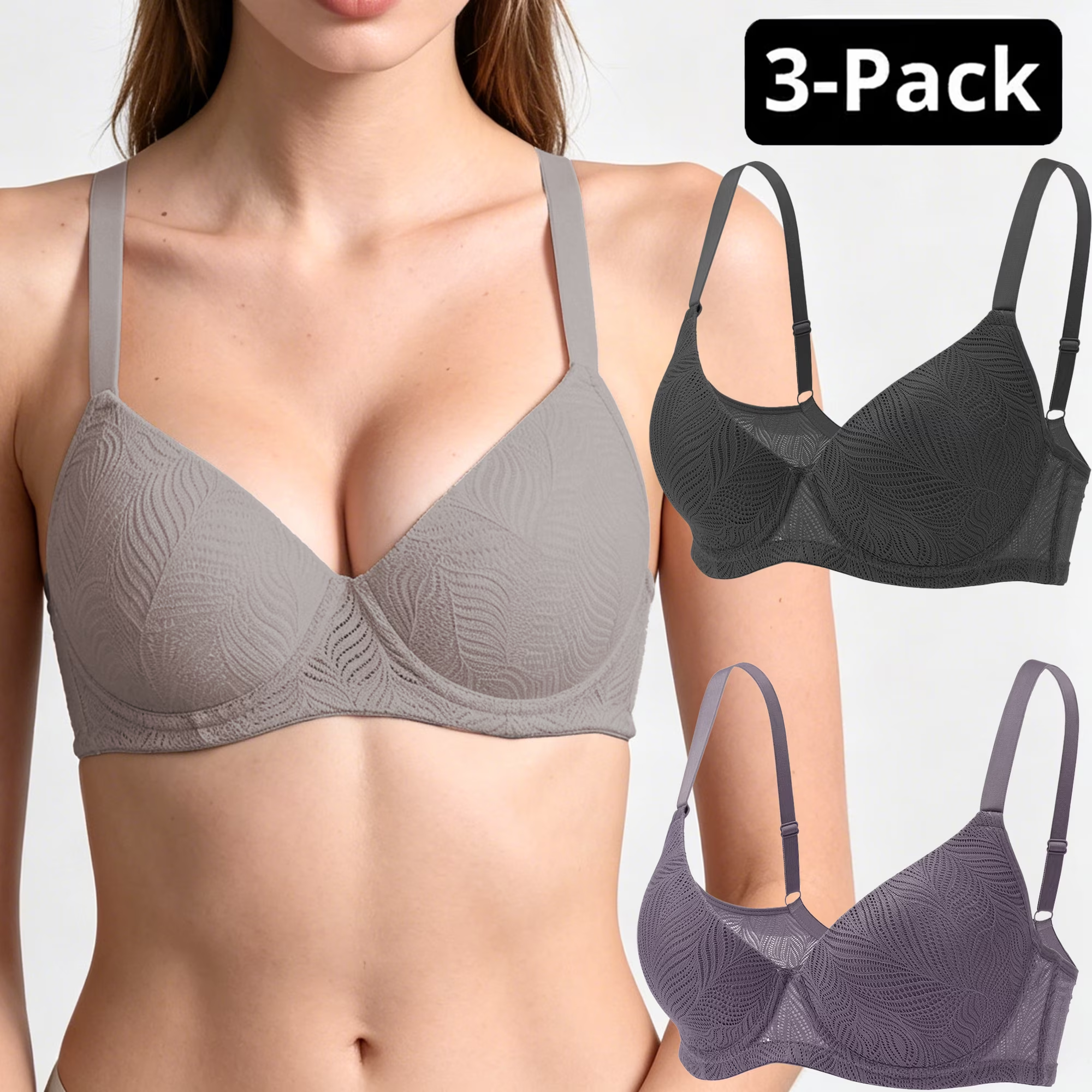 Women's Bra 3-Pack Set, Elegant Jacquard Cups, Underwire Support, Breathable Mesh Wings, Classic Neutrals Elegant Bean Paste 32B-40C