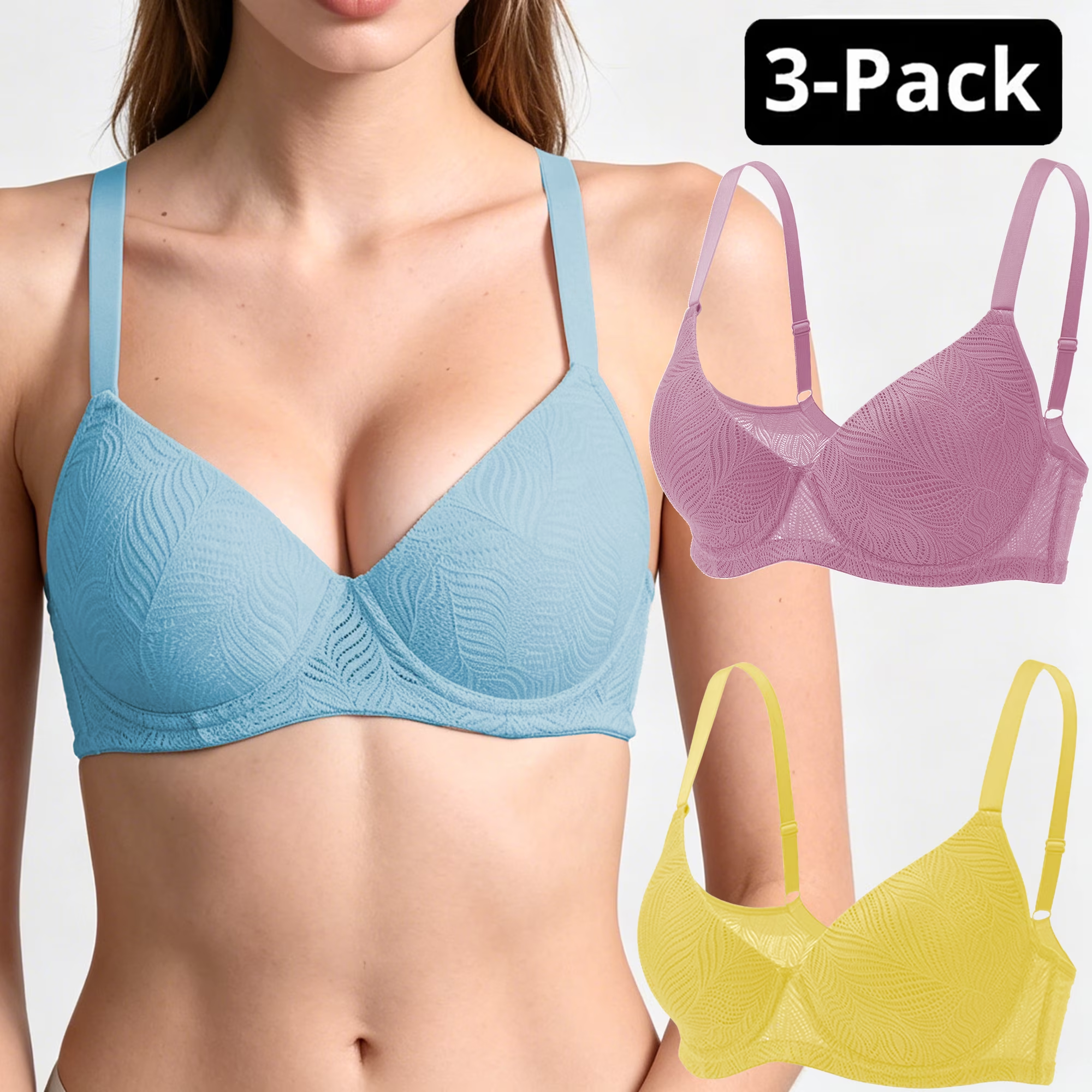 Women's Bra 3-Pack Set, Elegant Jacquard Cups, Underwire Support, Breathable Mesh Wings, Vibrant Dopamine Colors Yellow Pink Blue 32B-40C
