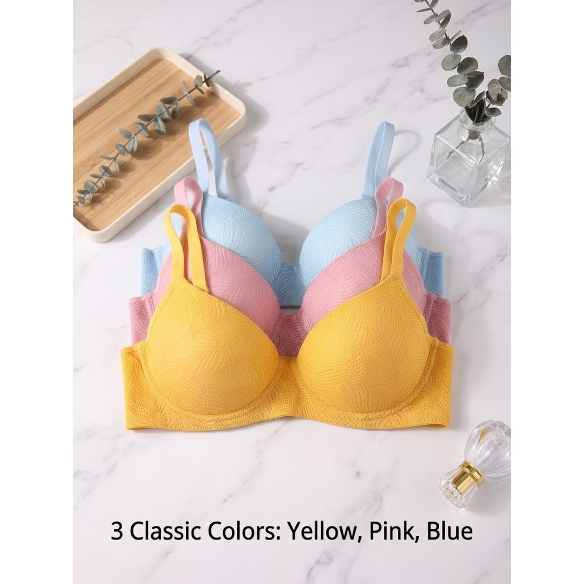Women's Bra 3-Pack Set, Elegant Jacquard Cups, Underwire Support, Breathable Mesh Wings, Vibrant Dopamine Colors Yellow Pink Blue 32B-40C - Image 5