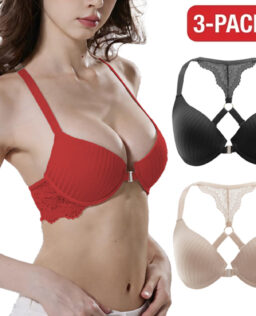 Front Closure Bra 3-Pack for Women, Push-Up Underwire T-Shirt Bras with X-Cross Racerback and Lace Trim, Nude / White / Black, Sizes 32B–40C, Qeldulk