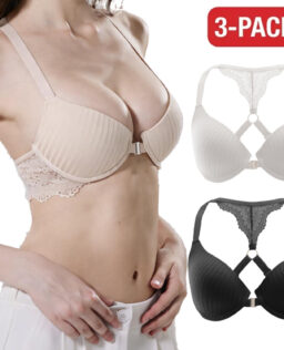 Front Closure Bra 3-Pack for Women, Push-Up Underwire T-Shirt Bras with X-Cross Racerback and Lace Trim, Nude / White / Black, Sizes 32B–40C, Qeldulk