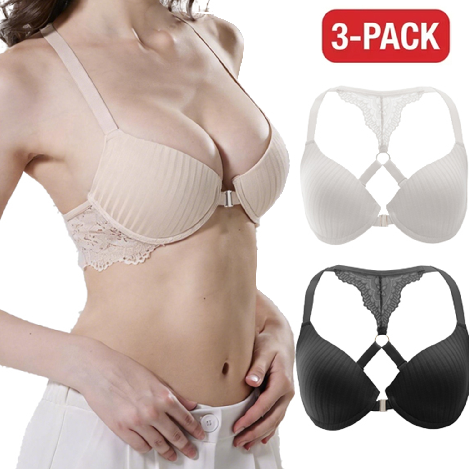 Front Closure Bra 3-Pack for Women, Push-Up Underwire T-Shirt Bras with X-Cross Racerback and Lace Trim, Nude / White / Black, Sizes 32B–40C, Qeldulk
