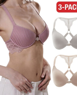 Front Closure Bra 3-Pack for Women, Push-Up Underwire T-Shirt Bras with X-Cross Racerback and Lace Trim, Nude / White / Black, Sizes 32B–40C, Qeldulk