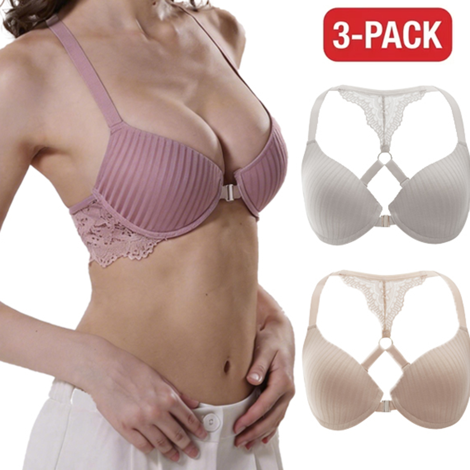 Front Closure Bra 3-Pack for Women, Push-Up Underwire T-Shirt Bras with X-Cross Racerback and Lace Trim, Nude / White / Black, Sizes 32B–40C, Qeldulk