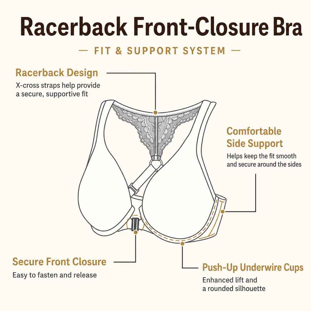 Front Closure Bra 3-Pack for Women, Push-Up Underwire T-Shirt Bras with X-Cross Racerback and Lace Trim, Nude / White / Black, Sizes 32B–40C, Qeldulk - 图片 5