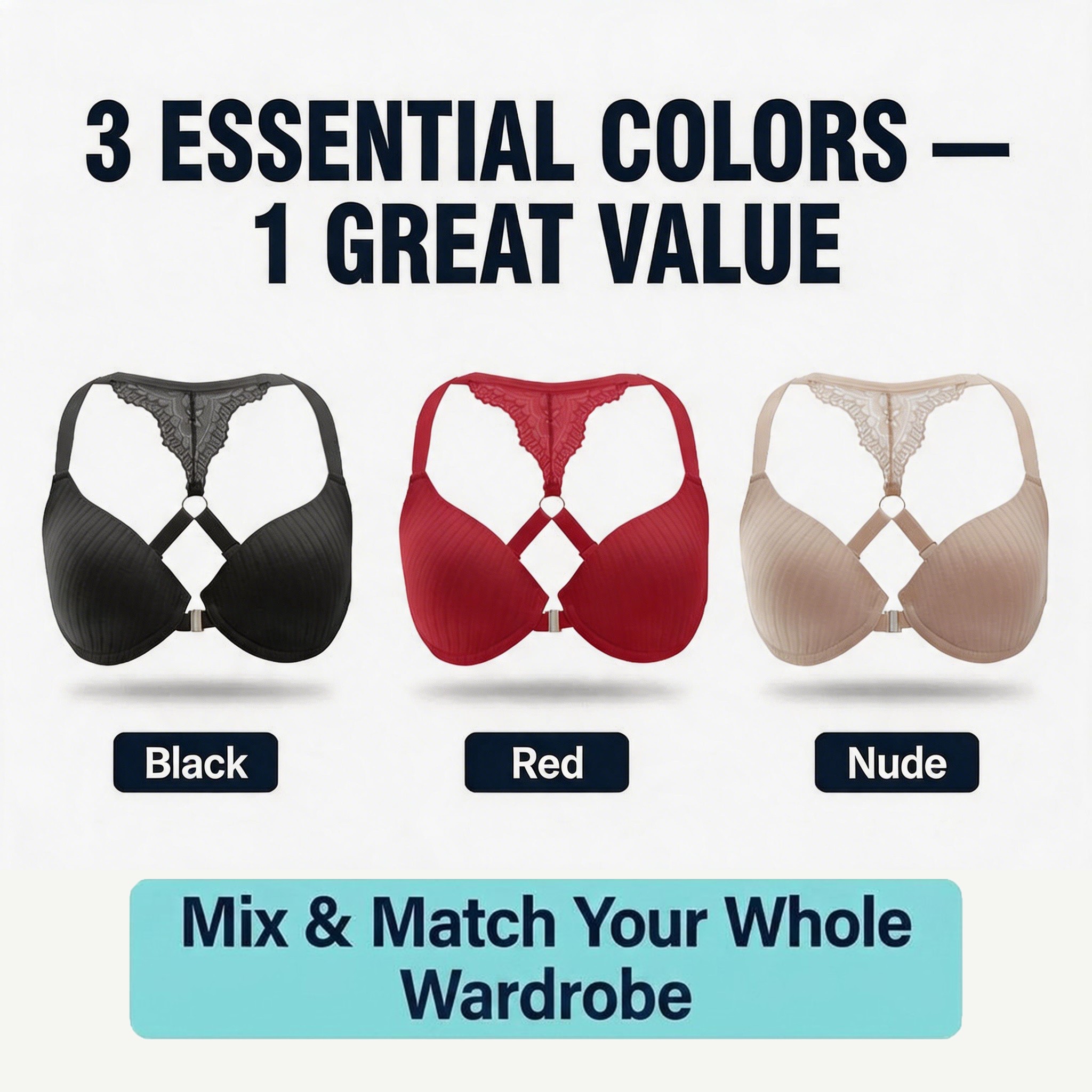 Front Closure Bra 3-Pack for Women, Push-Up Underwire T-Shirt Bras with X-Cross Racerback and Lace Trim, Nude / White / Black, Sizes 32B–40C, Qeldulk - 图片 6