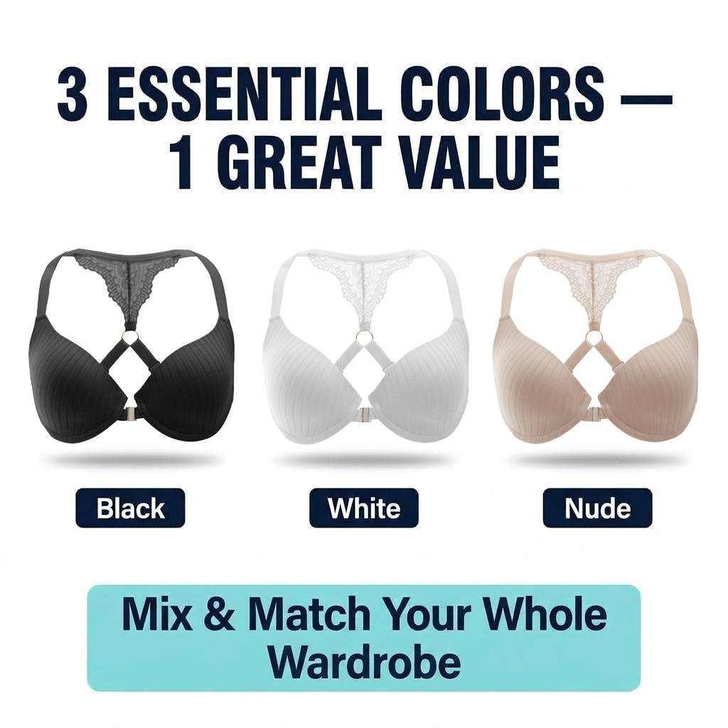 Front Closure Bra 3-Pack for Women, Push-Up Underwire T-Shirt Bras with X-Cross Racerback and Lace Trim, Nude / White / Black, Sizes 32B–40C, Qeldulk - 图片 6