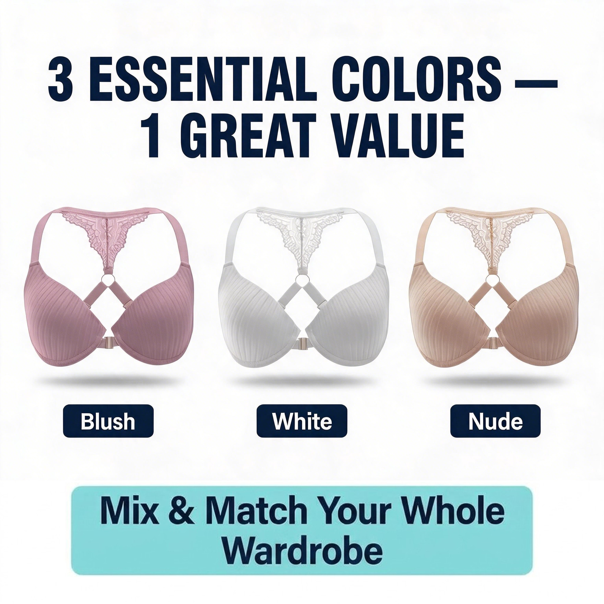 Front Closure Bra 3-Pack for Women, Push-Up Underwire T-Shirt Bras with X-Cross Racerback and Lace Trim, Nude / White / Black, Sizes 32B–40C, Qeldulk - 图片 6